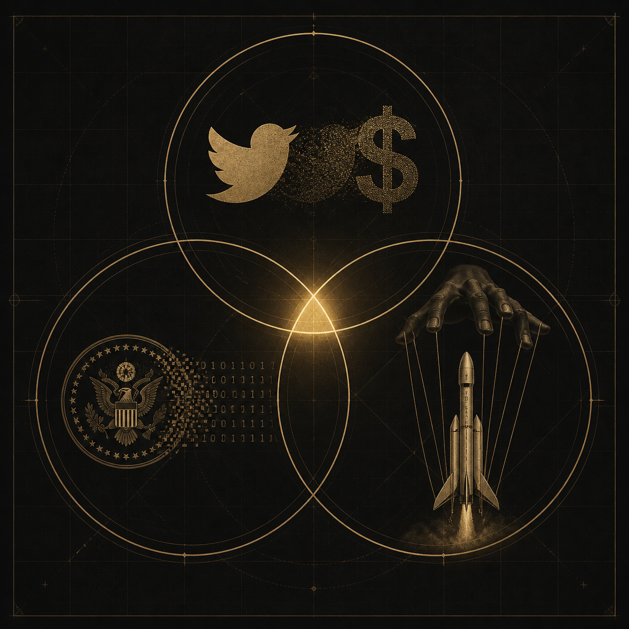 Three interlocking circles representing X, DOGE, and SpaceX as interlocking power systems