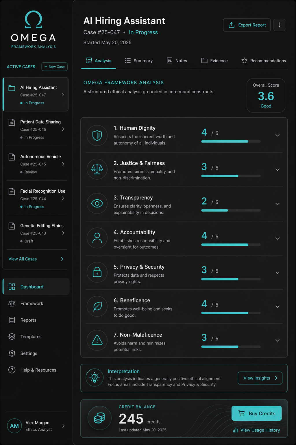 Omega Framework app UI showing a case analysis with scored constructs