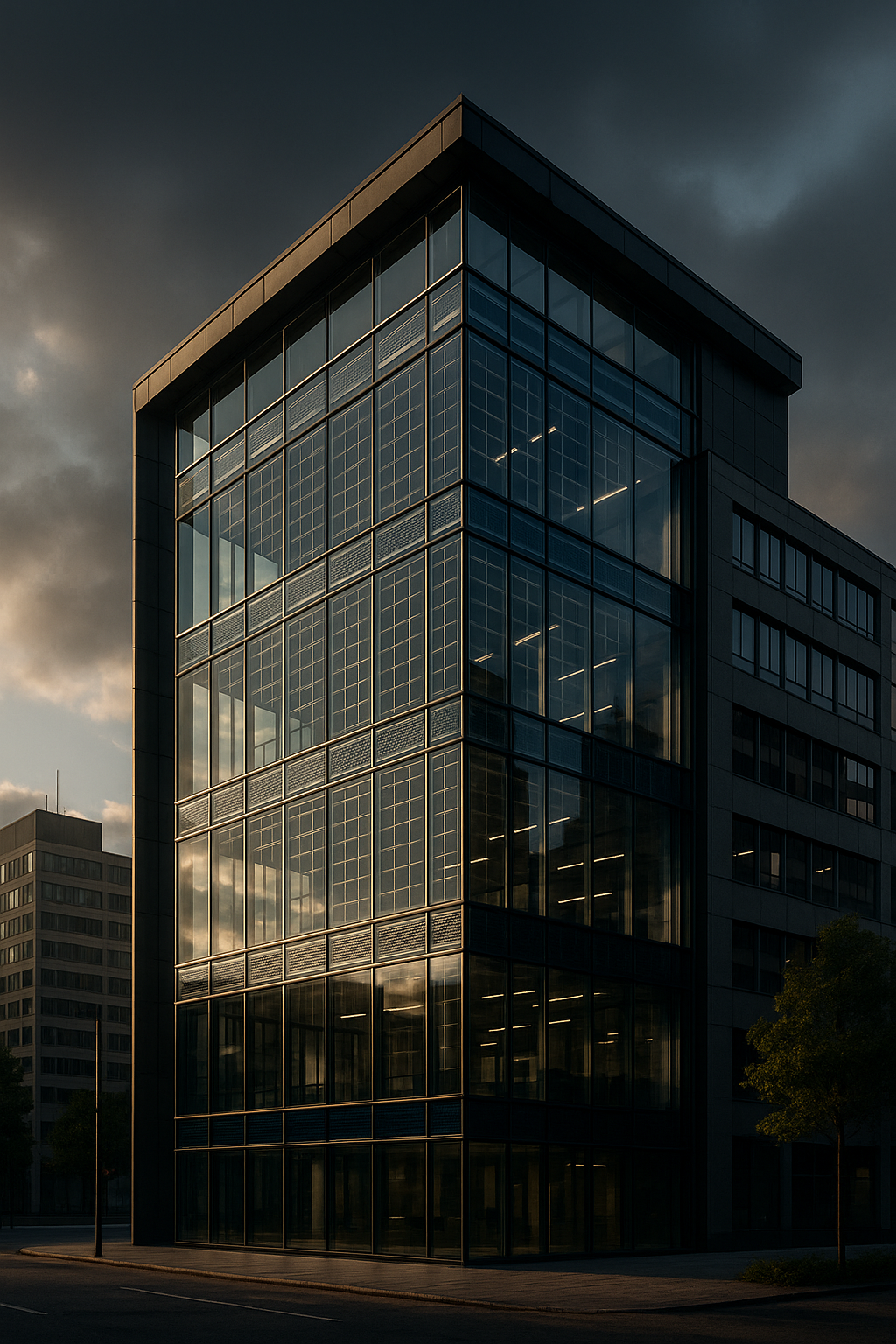 Fachada BIPV moderna con paneles fotovoltaicos integrados