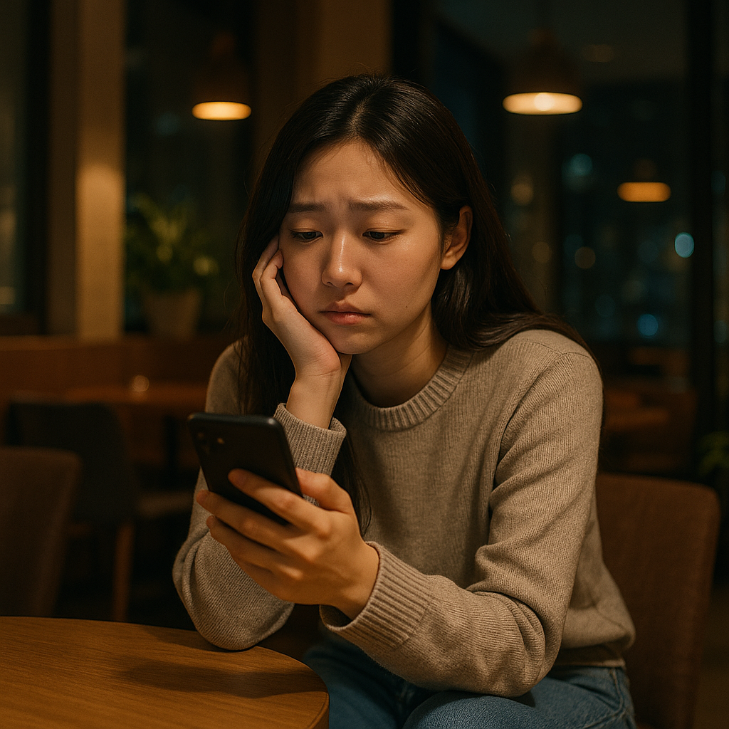 늦은 밤 현대 카페에서 스마트폰을 보며 슬퍼하는 캐주얼 복장의 한국인 여성