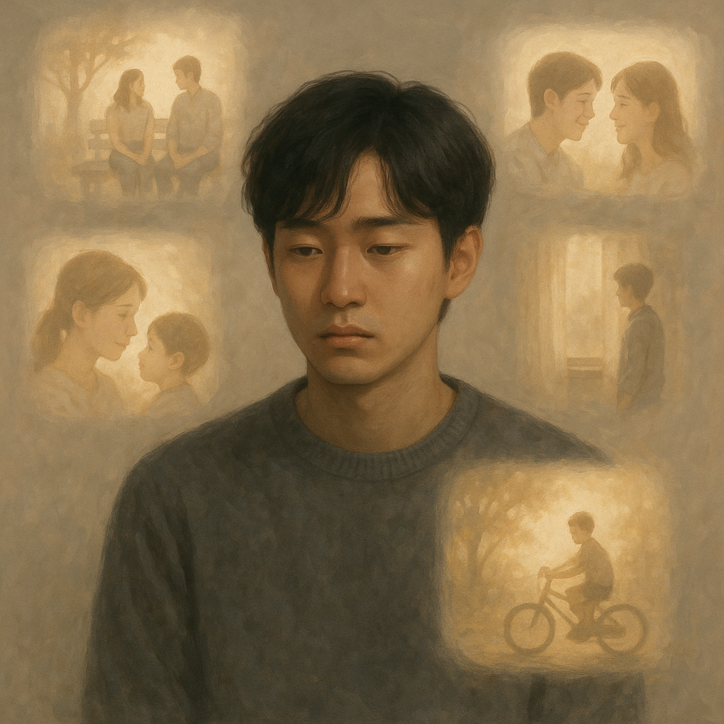 기억들이 떠오르며 우울한 표정의 한국인 남성