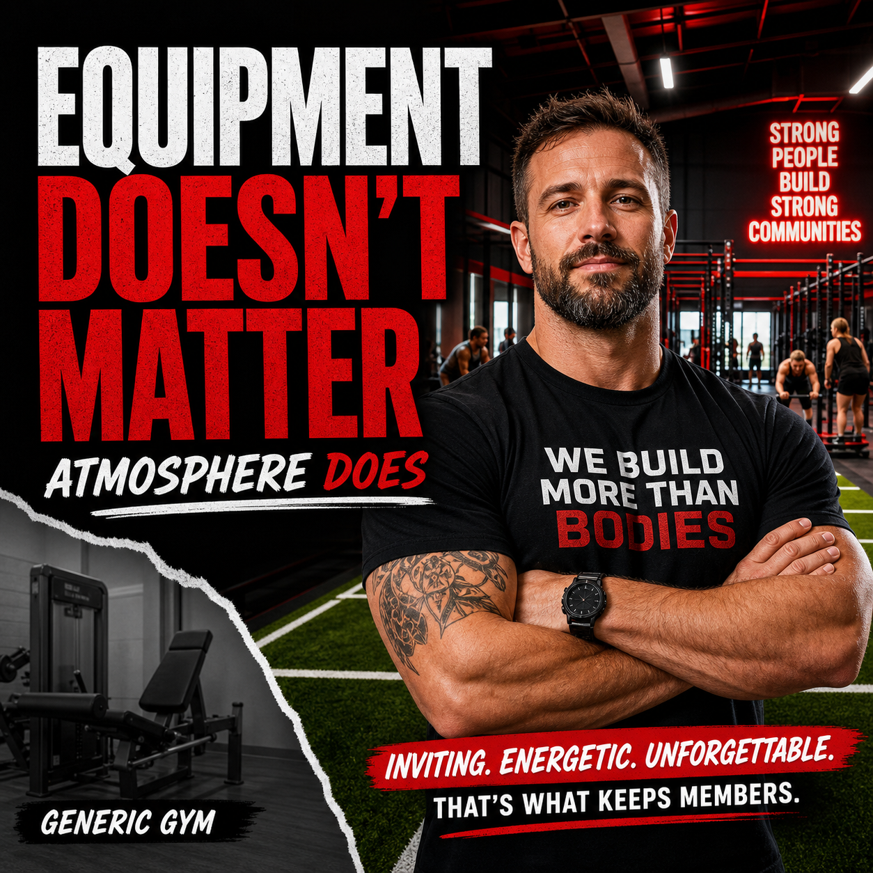 Thumbnail graphic about gym atmosphere versus equipment