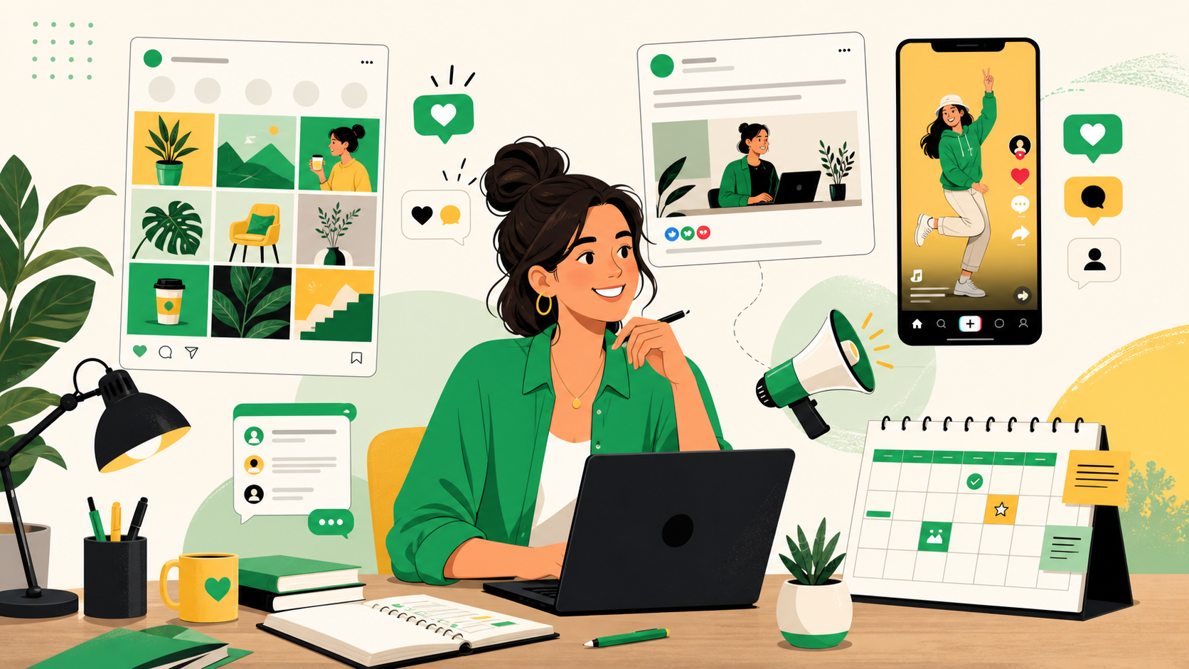 Illustration éditoriale d'une Community Manager entourée de contenus Instagram, LinkedIn, TikTok et des notifications de la communauté