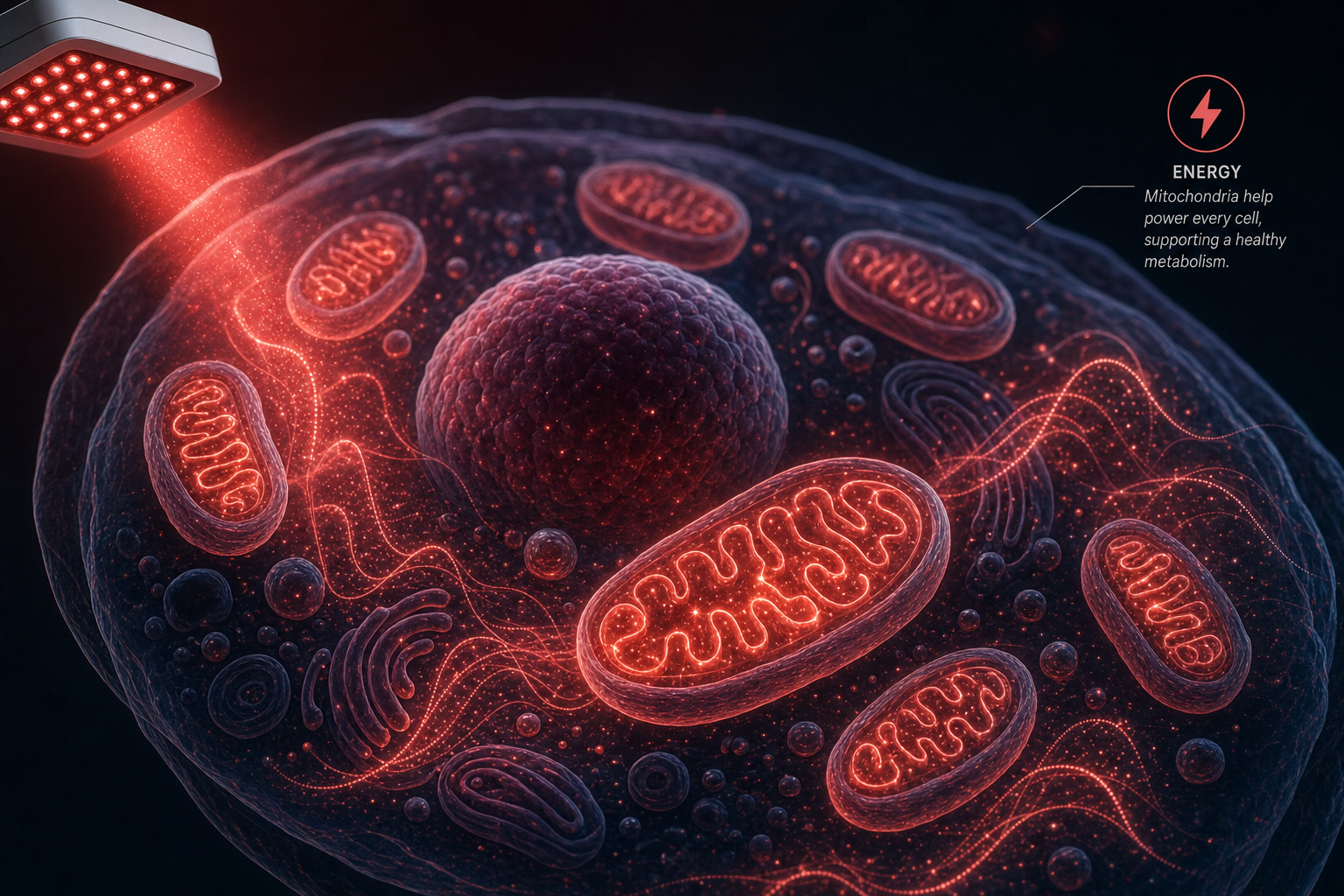 Concept art of mitochondria energized by red and near-infrared light