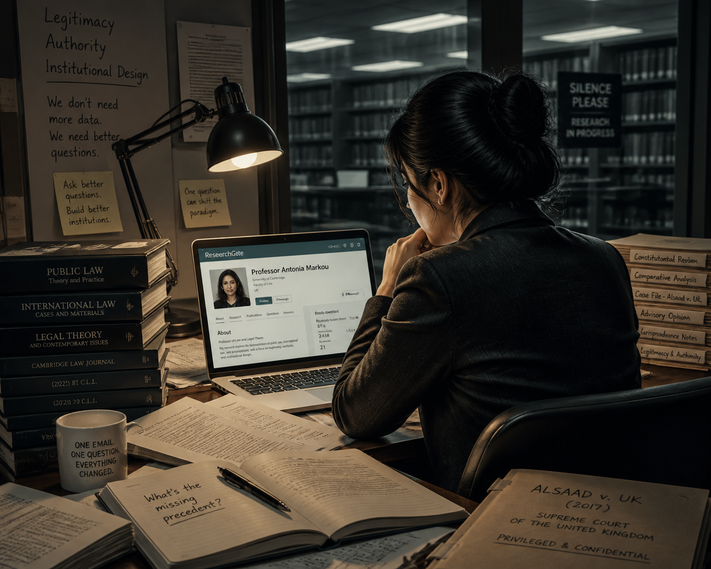 Researcher at desk surrounded by academic journals, laptop glowing with research database