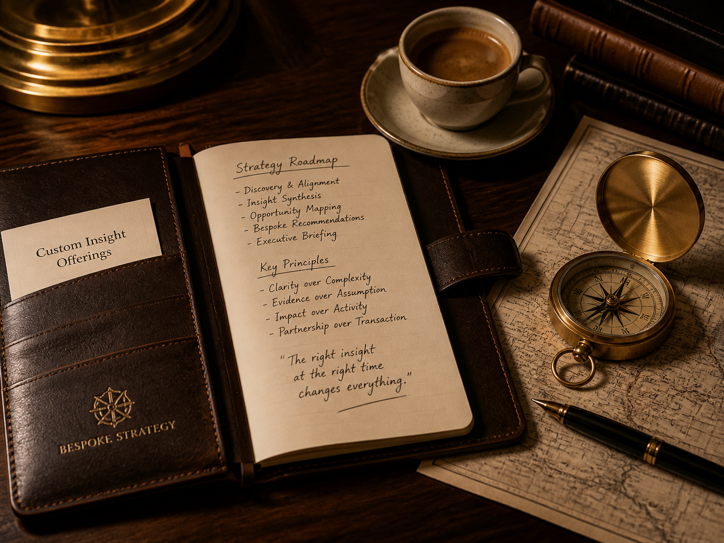 Leather portfolio with strategy notes, brass compass, and espresso cup representing Custom Insight Offerings