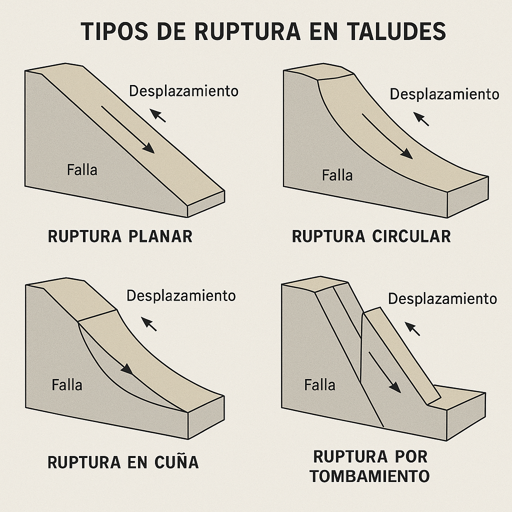 Diagrama mostrando os quatro principais tipos de ruptura em taludes