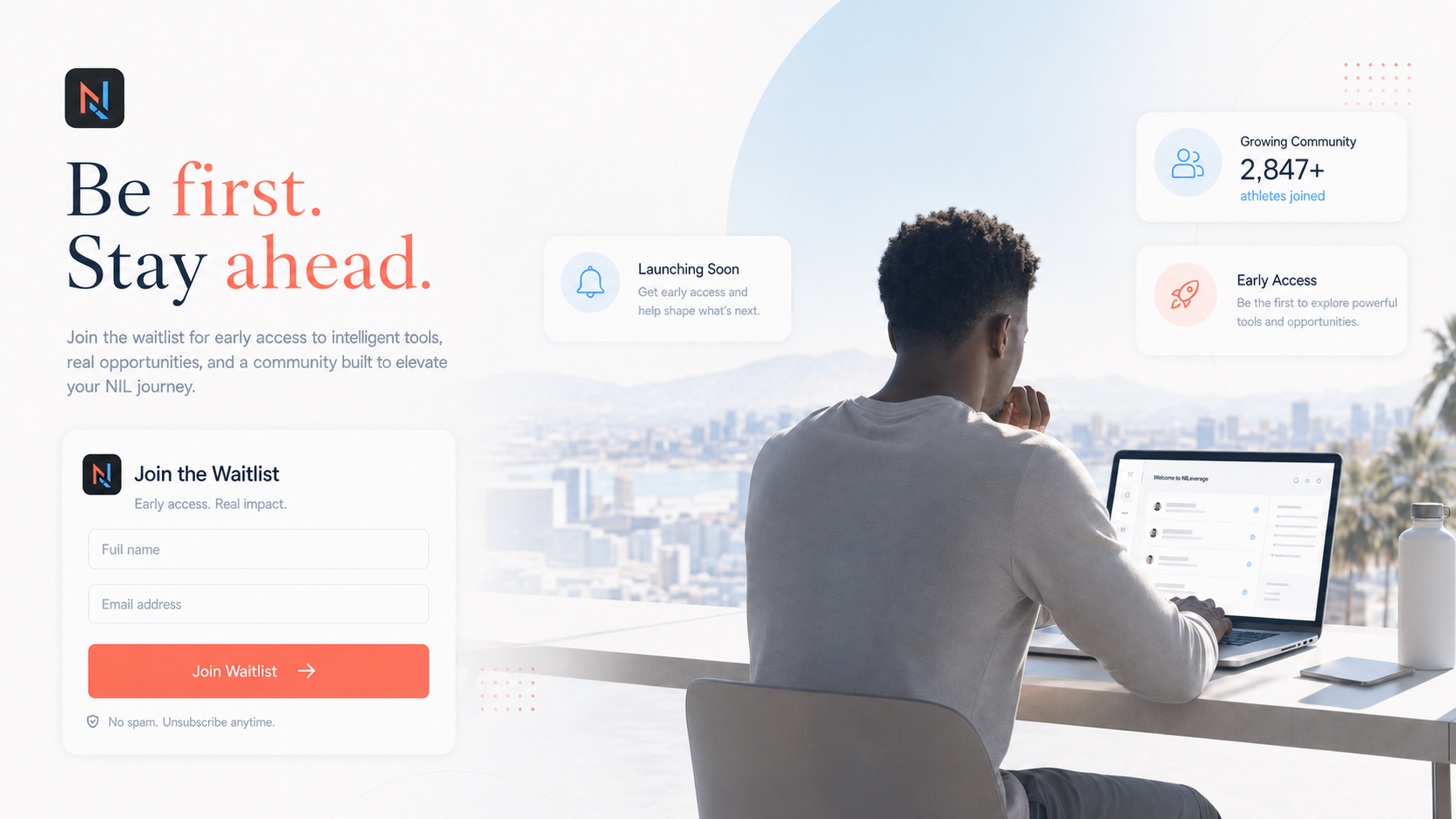 NILeverage branded signup illustration with faceless athlete and early access interface