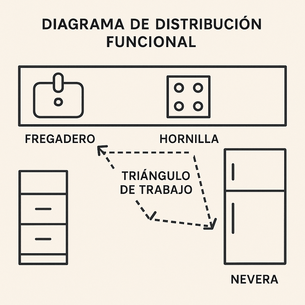 Diagrama del triángulo de trabajo en cocina funcional