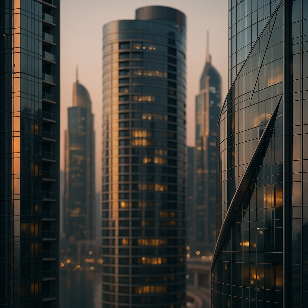 Architectural close-up of modern Dubai skyscrapers with glass reflections at dusk