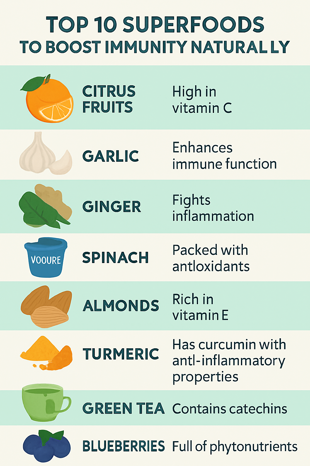 Infographic summarizing the top 10 superfoods for natural immunity boosting.