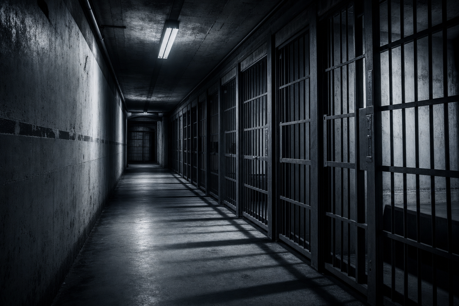 Empty jail corridor — cold bars, dramatic shadows