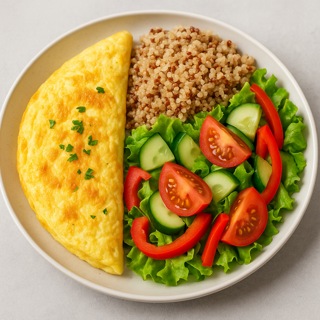 Zdrowy talerz śniadaniowy z omletem, kaszą i surówką