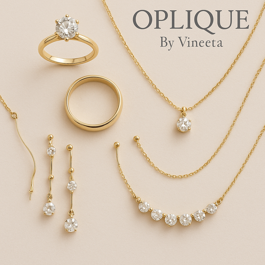Flatlay image of gold wedding jewelry accessories with Oplique By Vineeta logo overlay.