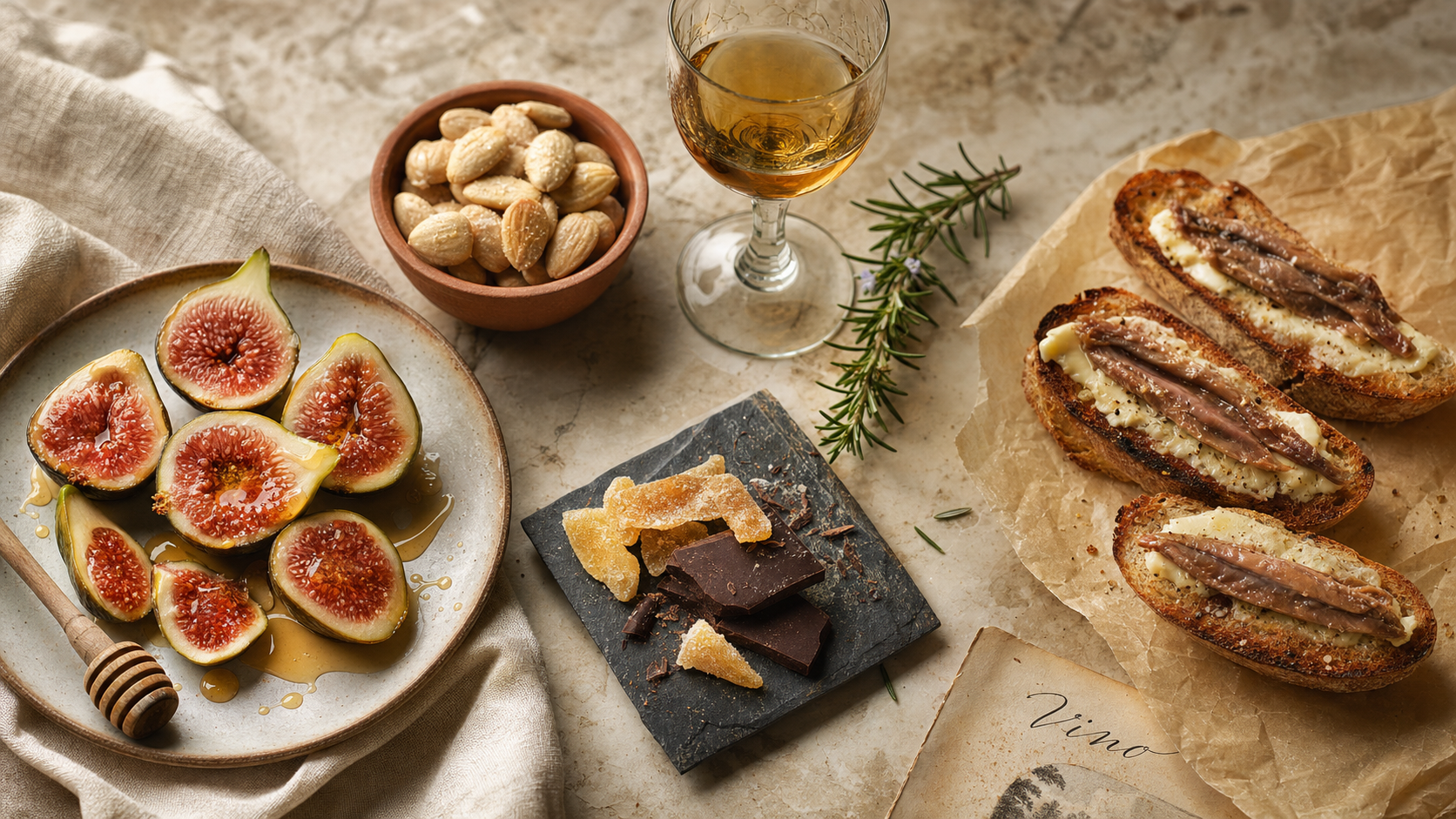 Overhead flat-lay of four elegant wine pairings — fresh figs with honey, Marcona almonds, dark chocolate ginger, and anchovy crostini — arranged on warm linen and aged marble