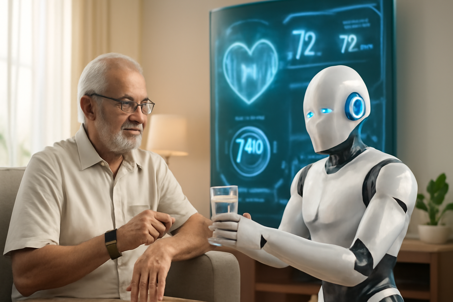 Futuristic elder care technology with Indian elderly man, robot assistant, health stats display