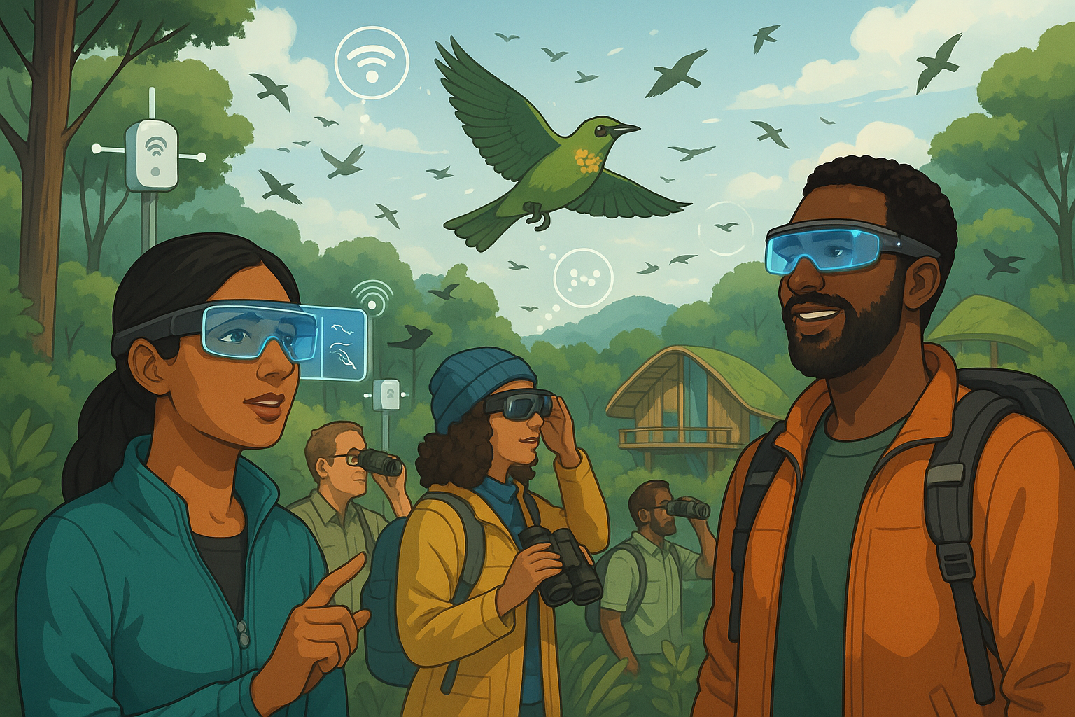 Visão futurista do turismo de observação de aves com tecnologia inteligente