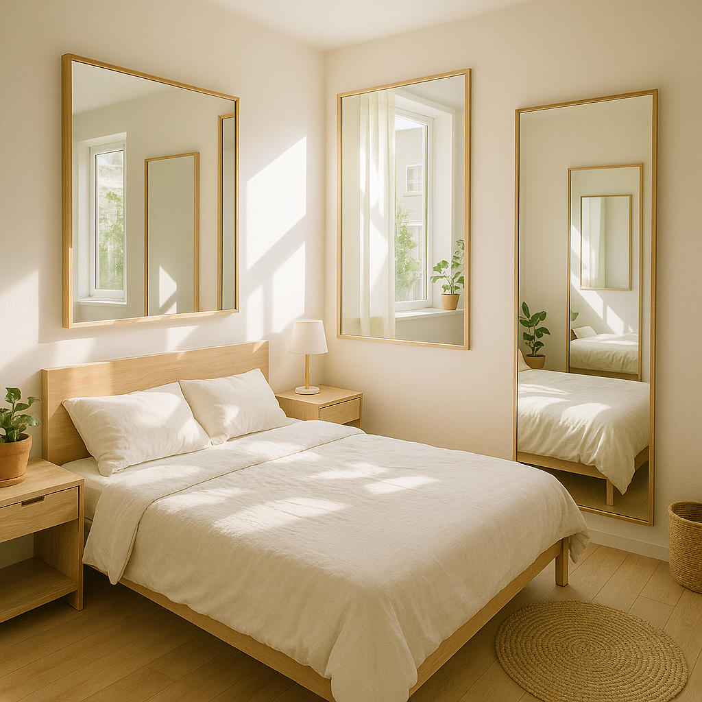 Dormitorio pequeño con espejos estratégicos para maximizar la luz