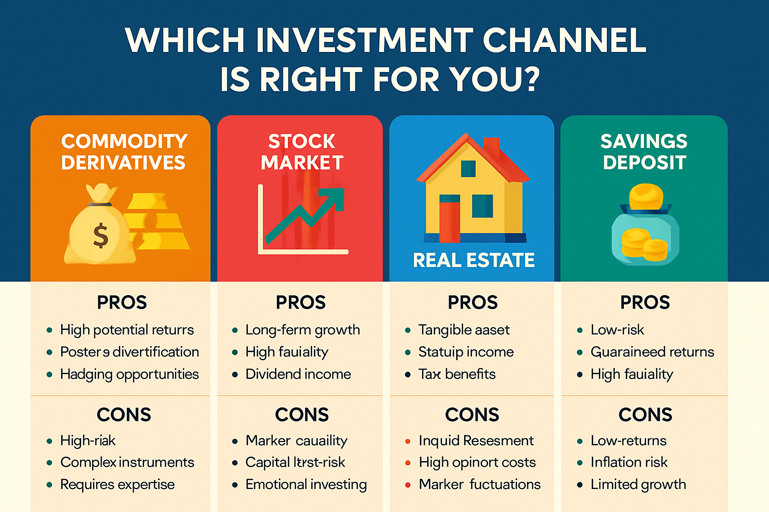 Infographic comparing investment channels: commodity derivatives, stock market, real estate, and savings deposit.