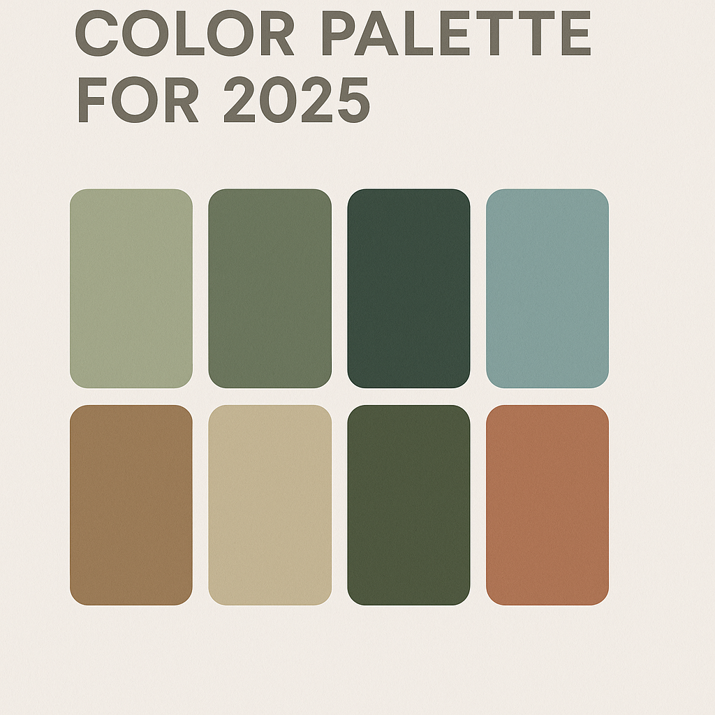 Paleta de colores tendencia 2025 para sala con tonos tierra, verdes y azules