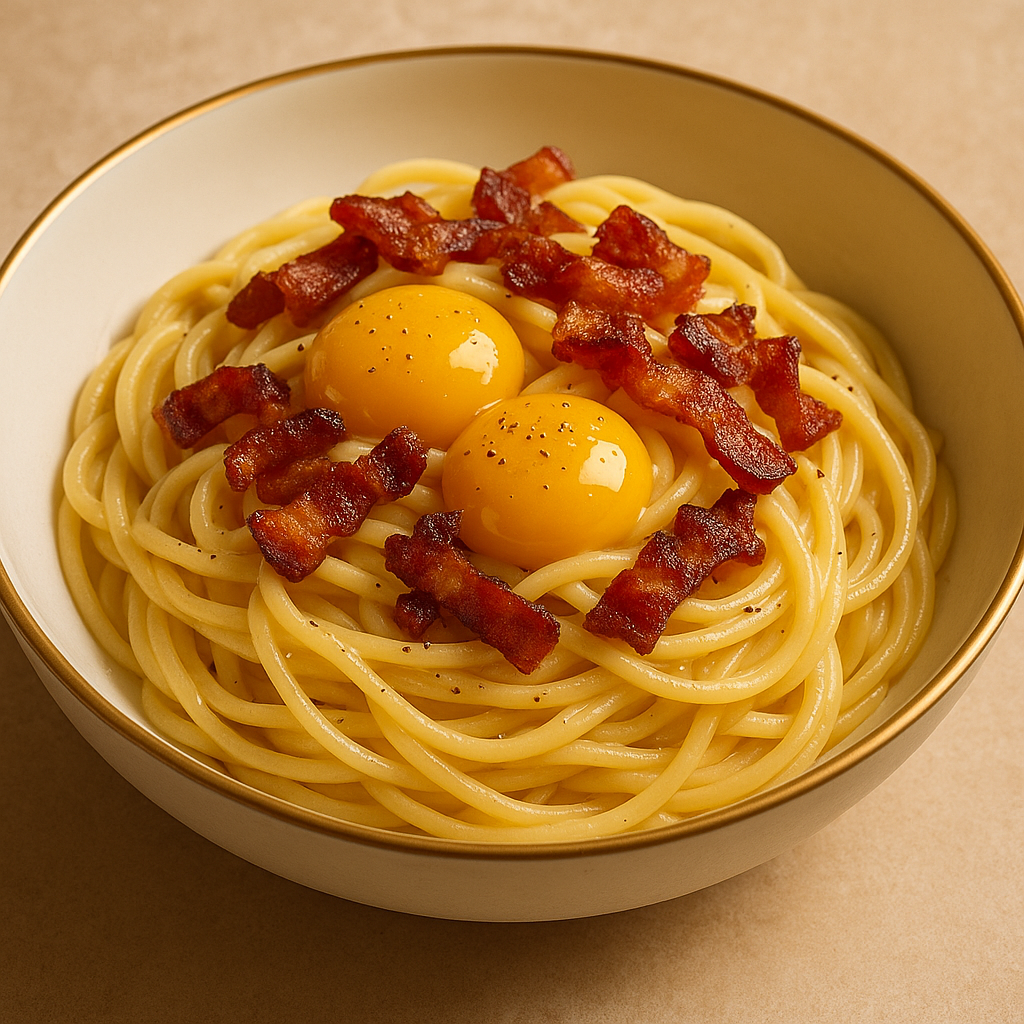 Macarrão à carbonara cremoso com ovos dourados e guanciale crocante