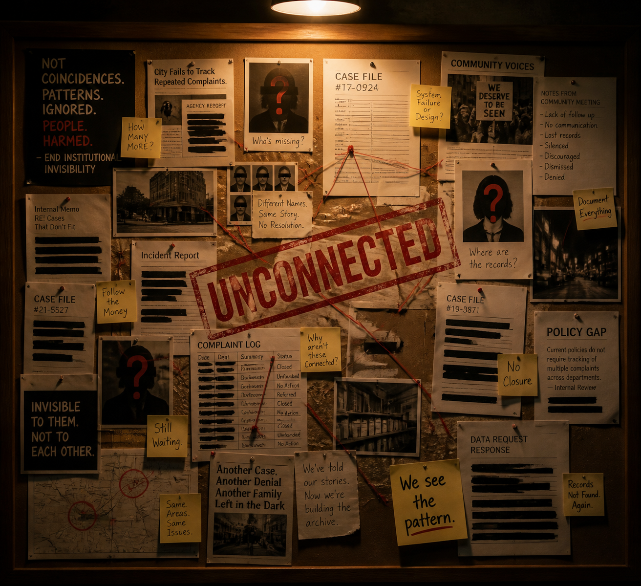 Community evidence board showing unconnected case files, a large UNCONNECTED stamp, and a handwritten note: We see the pattern