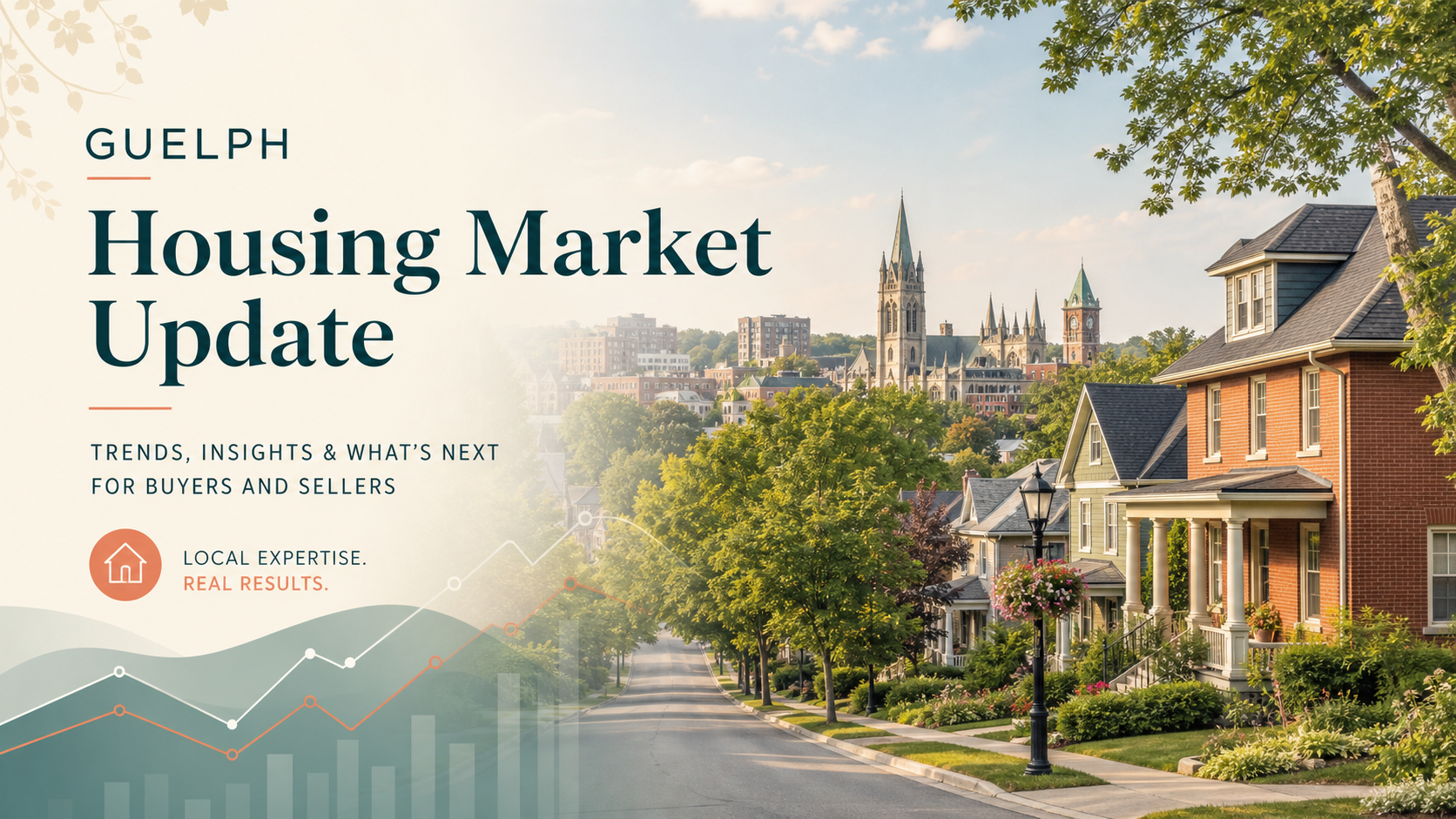 Guelph real estate blog hero image showing a welcoming residential streetscape with subtle market-themed design accents.