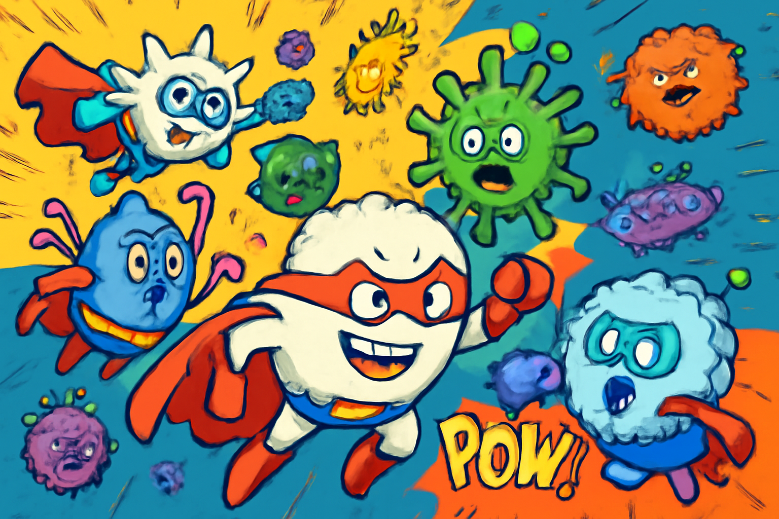 Cartoon superhero immune cells fighting germs