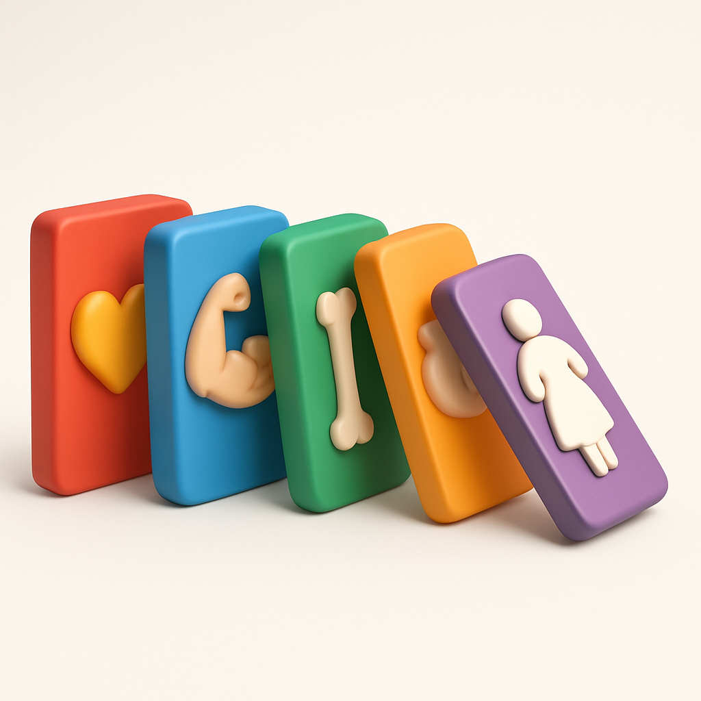 Domino effect: health icons falling in a row
