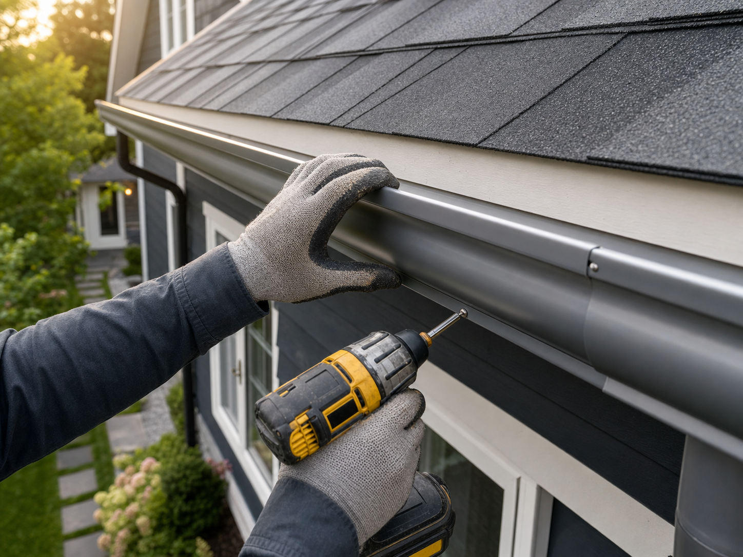 Installer carefully securing a seamless gutter to the fascia of a home