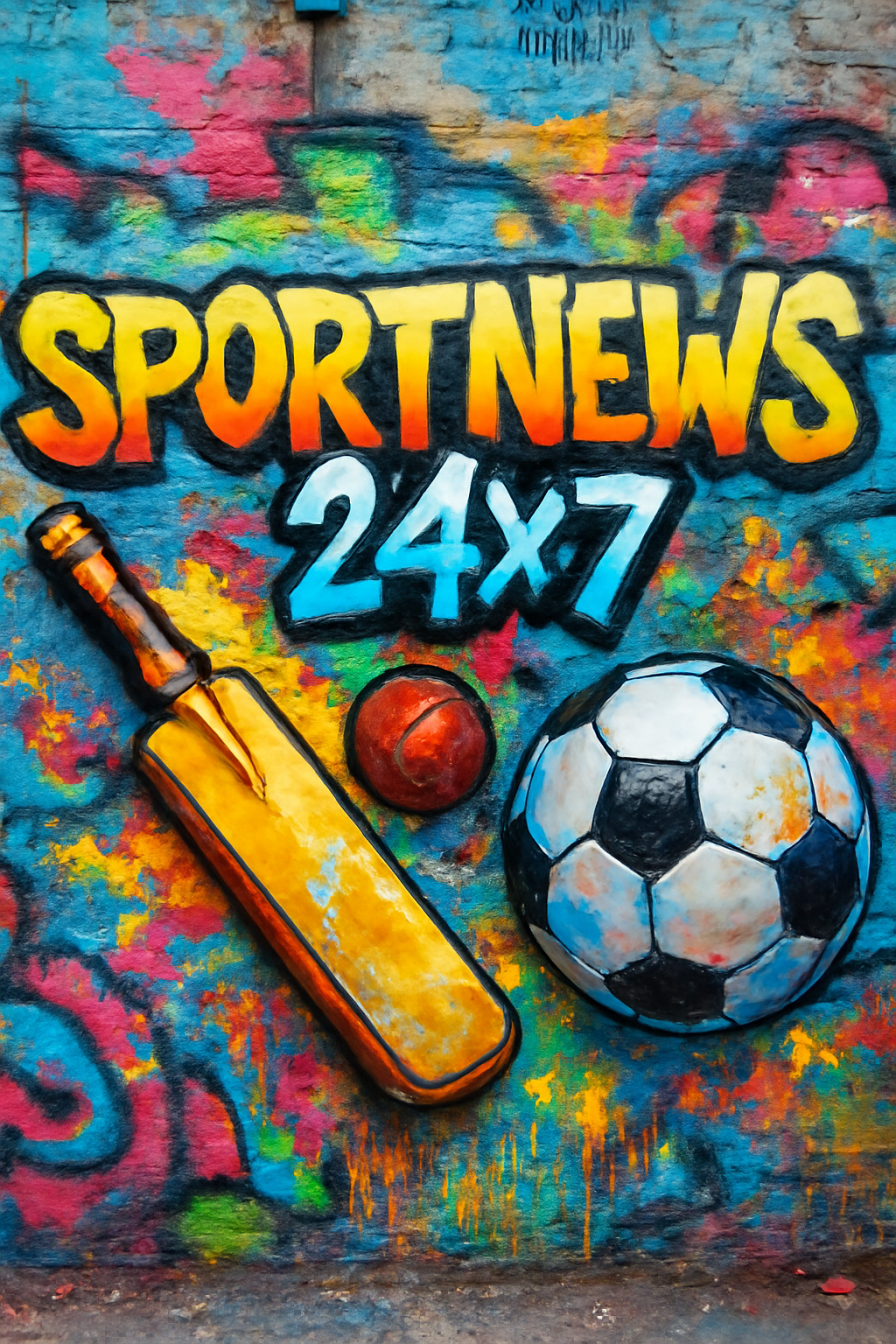 Graffiti style ad poster for sportnews24x7 with cricket and football