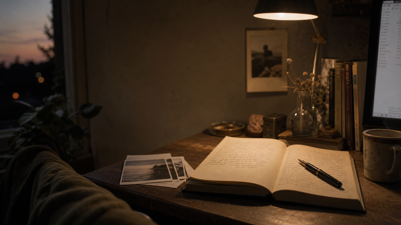 A lamplit writing desk at dusk -- notebook open, pen resting, softly inhabited