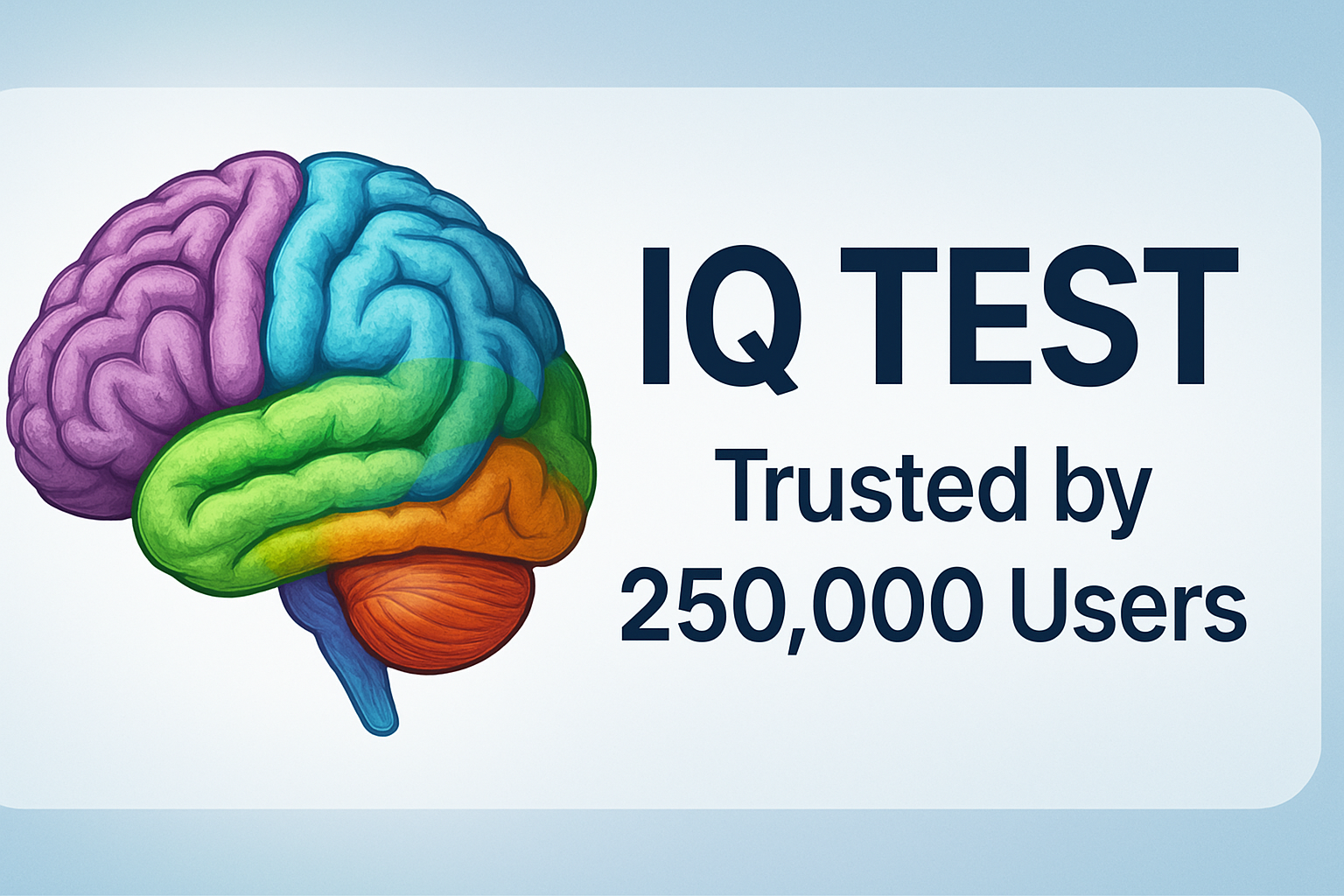 IQ test banner with bold brain graphic and trust signal.