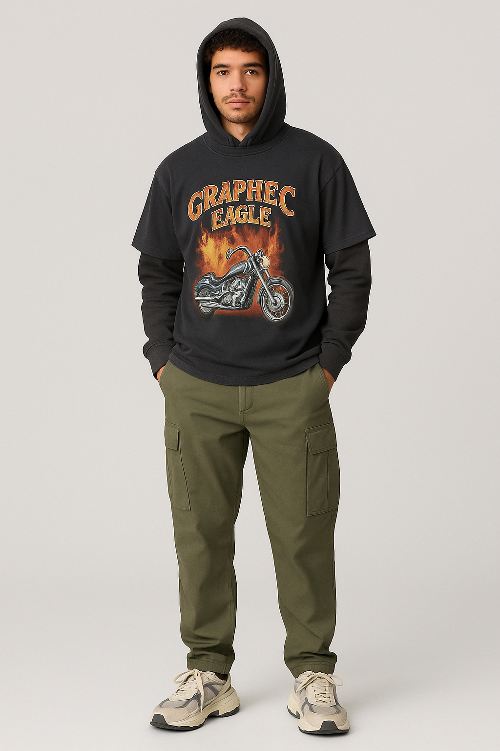 Winter layering: hoodie under graphic tee with cargo pants