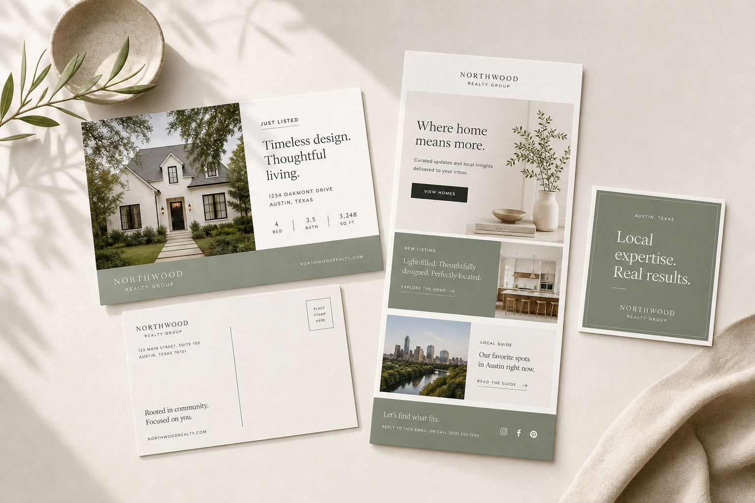 Polished real estate marketing materials — postcards, email layouts, and social templates arranged on a warm surface