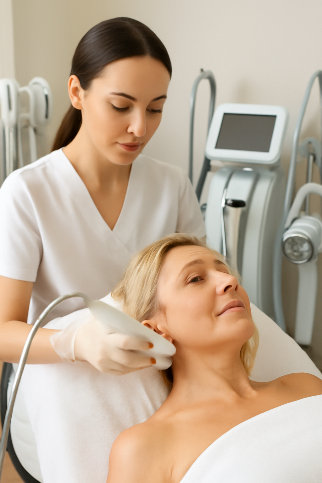 Realistic image of SMAS lifting and modern body contouring procedures in a beauty clinic.
