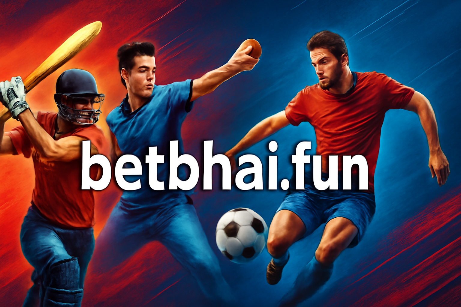 Modern professional sports banner for betbhai.fun with bold domain name and sports graphics