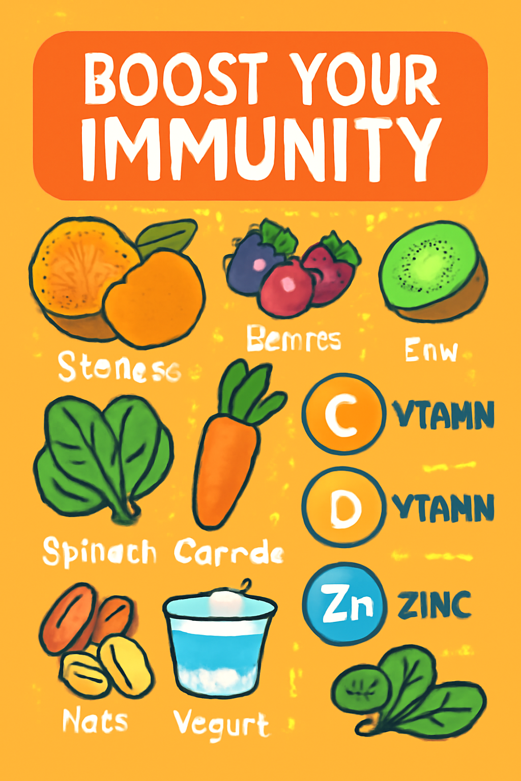 Infographic of healthy foods and vitamins boosting immunity