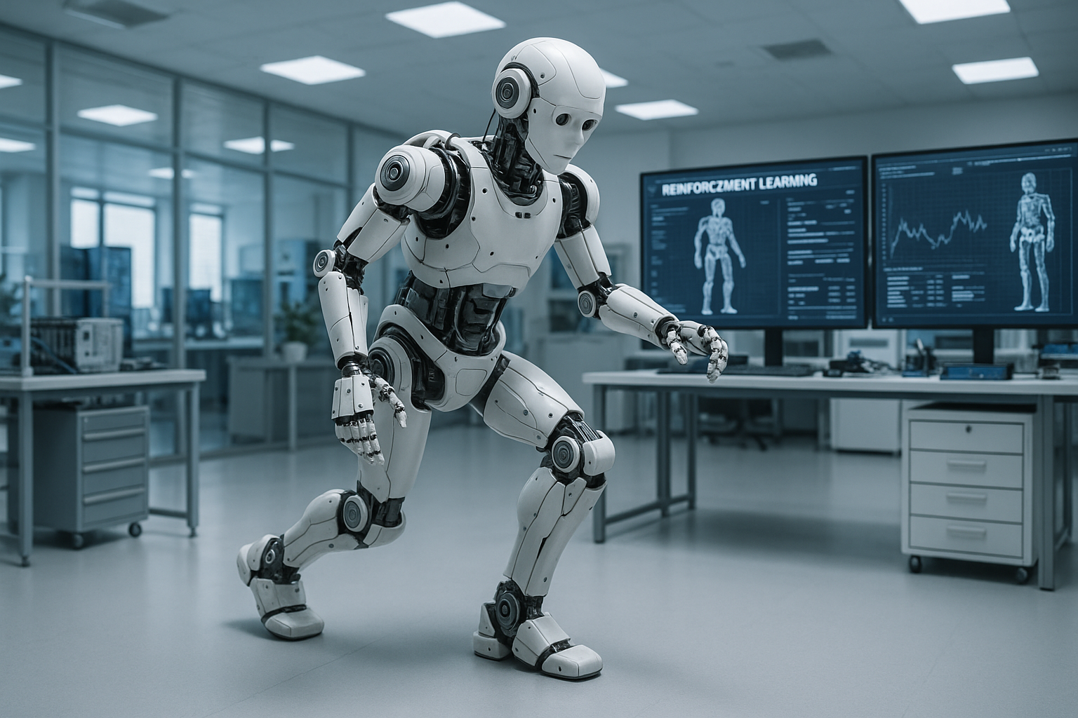 Robot in a lab environment learning to walk using reinforcement learning.