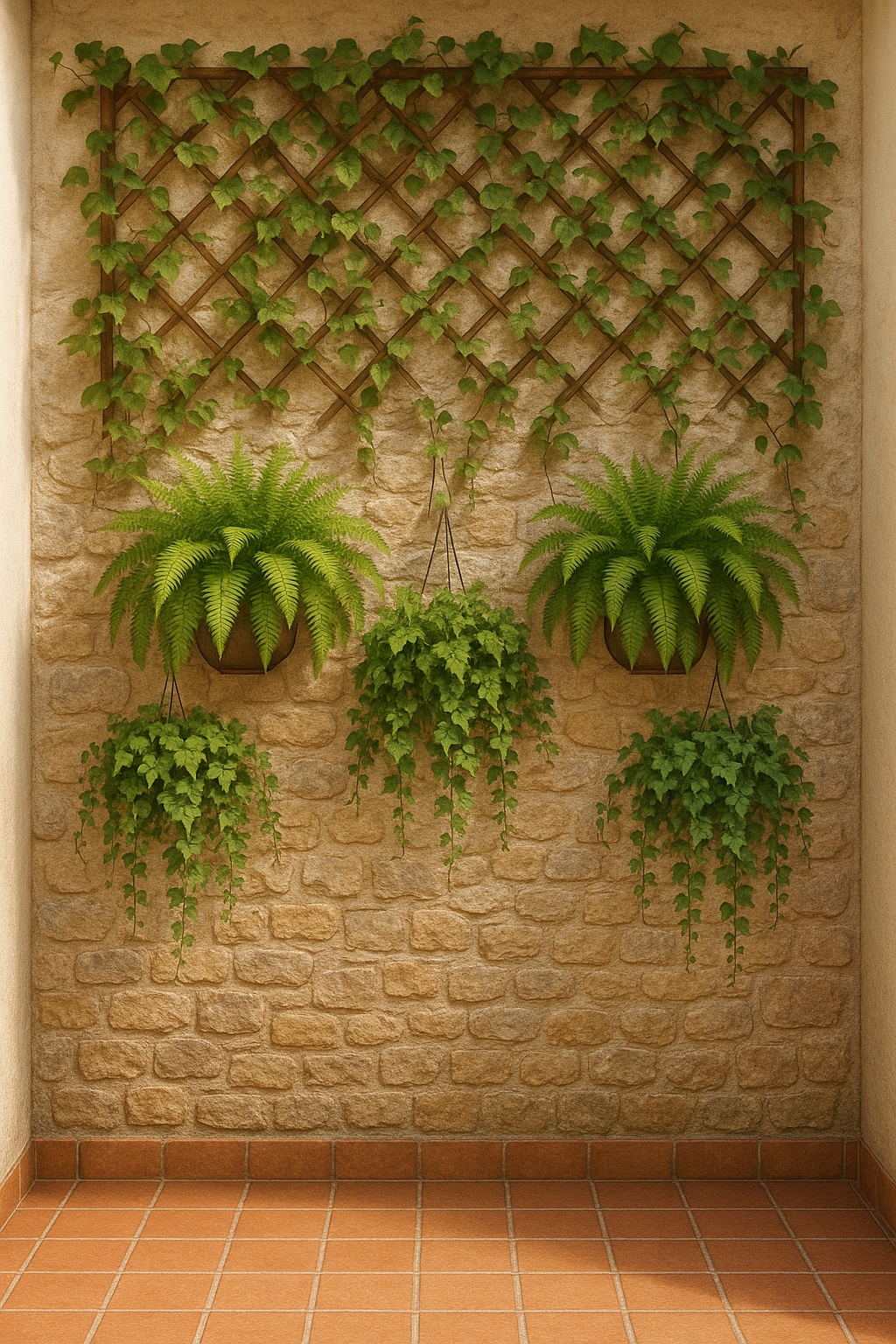 Jardín vertical con plantas colgantes en patio pequeño