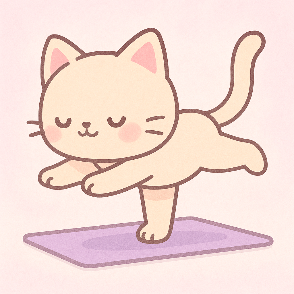 Kawaii cat performing single-leg romanian deadlift in pastel colors