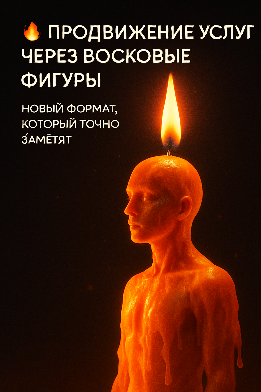 Promotional visual for wax figure marketing concept featuring glowing wax figure with a burning wick.