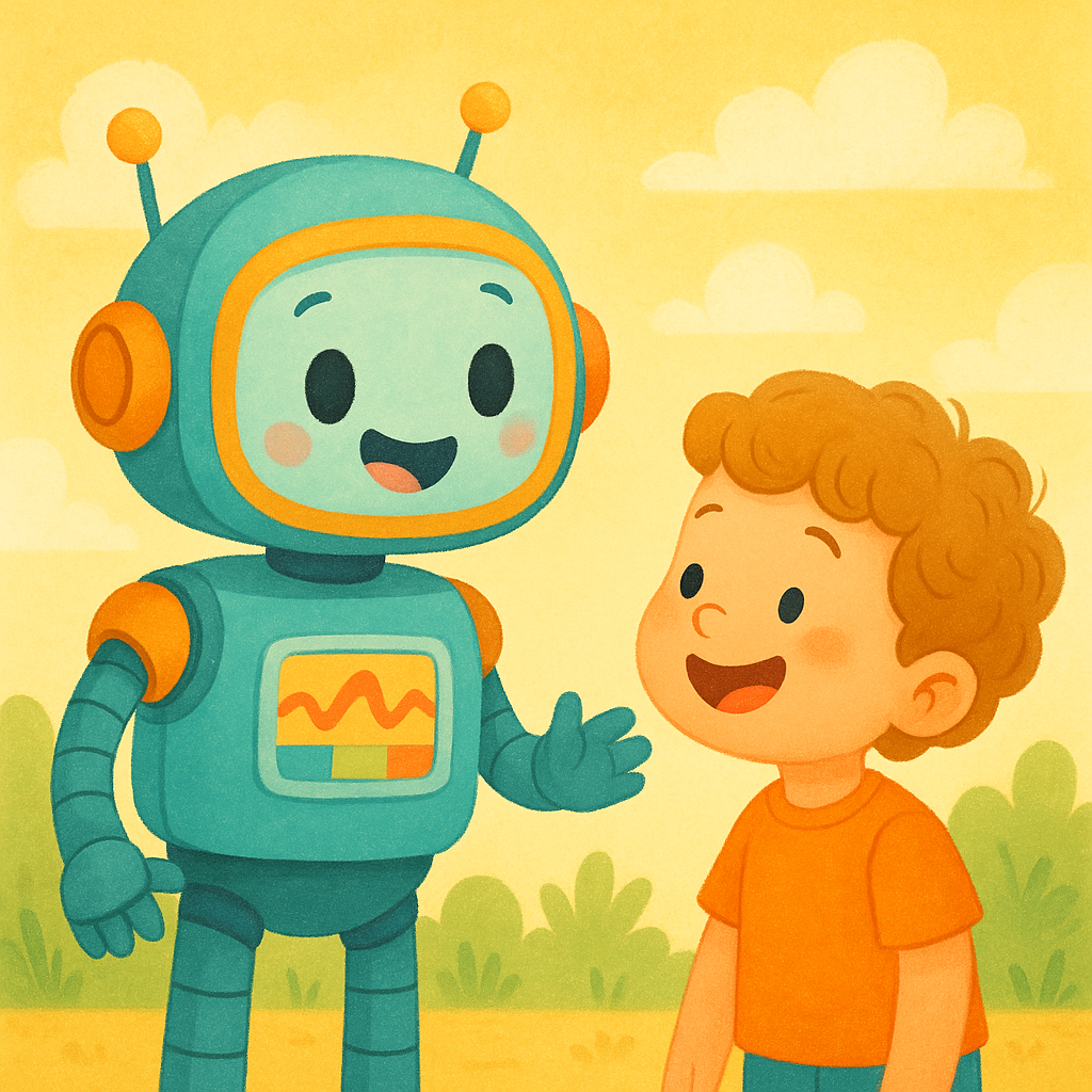 A friendly cartoon robot having a conversation with a happy 5-year-old child