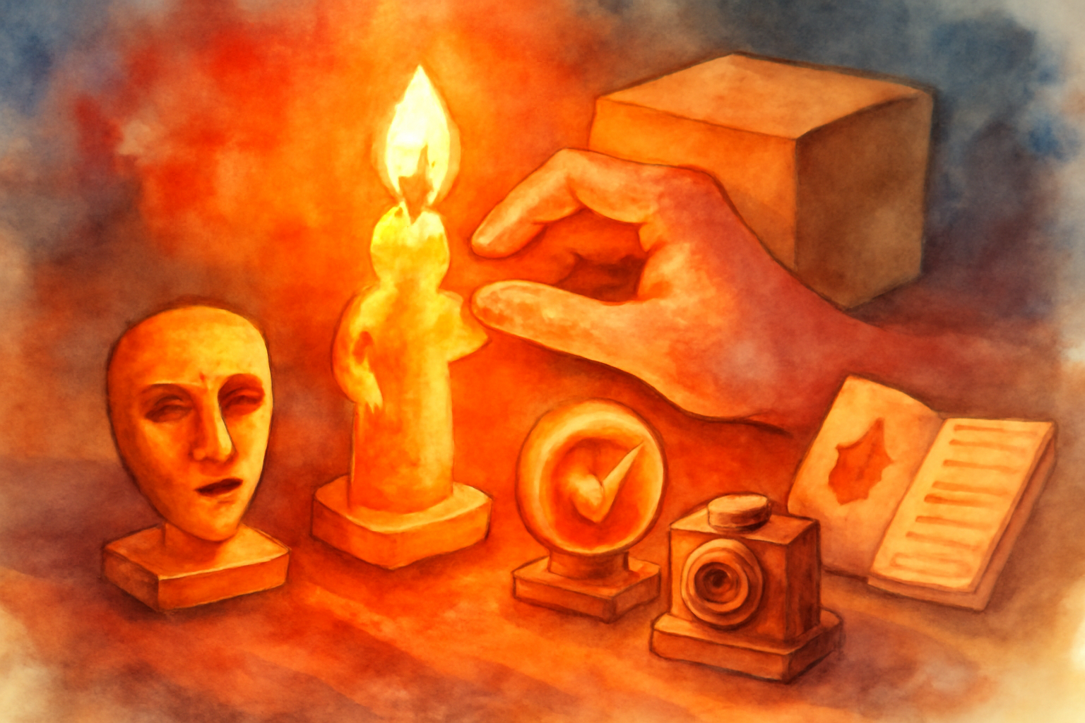 Watercolor illustration of strategies for attracting attention to wax figure services featuring symbolic miniatures and tactile appeal.