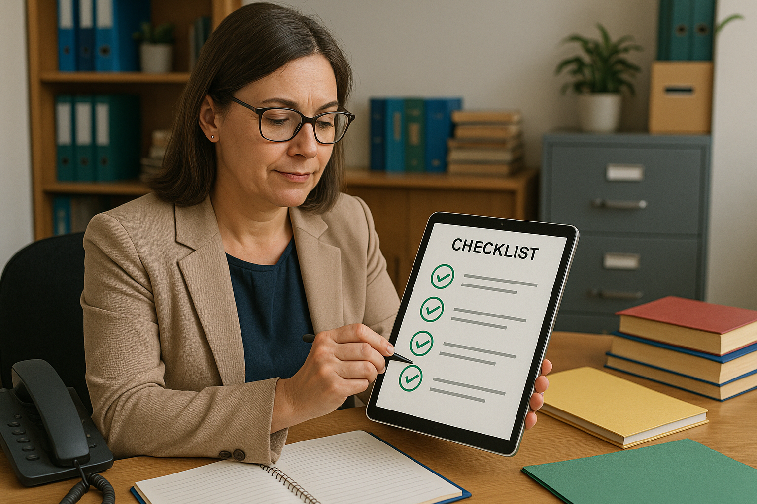 Secretária escolar seguindo checklist de boas práticas para atendimento