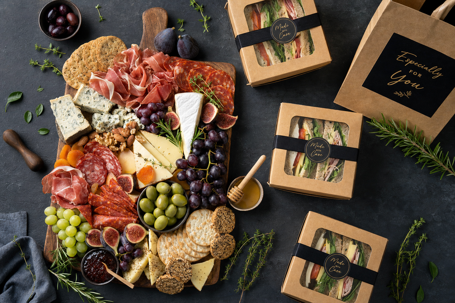 Aerial view of an artisan charcuterie board with prosciutto, salami, manchego, brie, figs, grapes, and honey, alongside Chef Lesly Made With Love sandwich boxes and an Especially For You gift bag