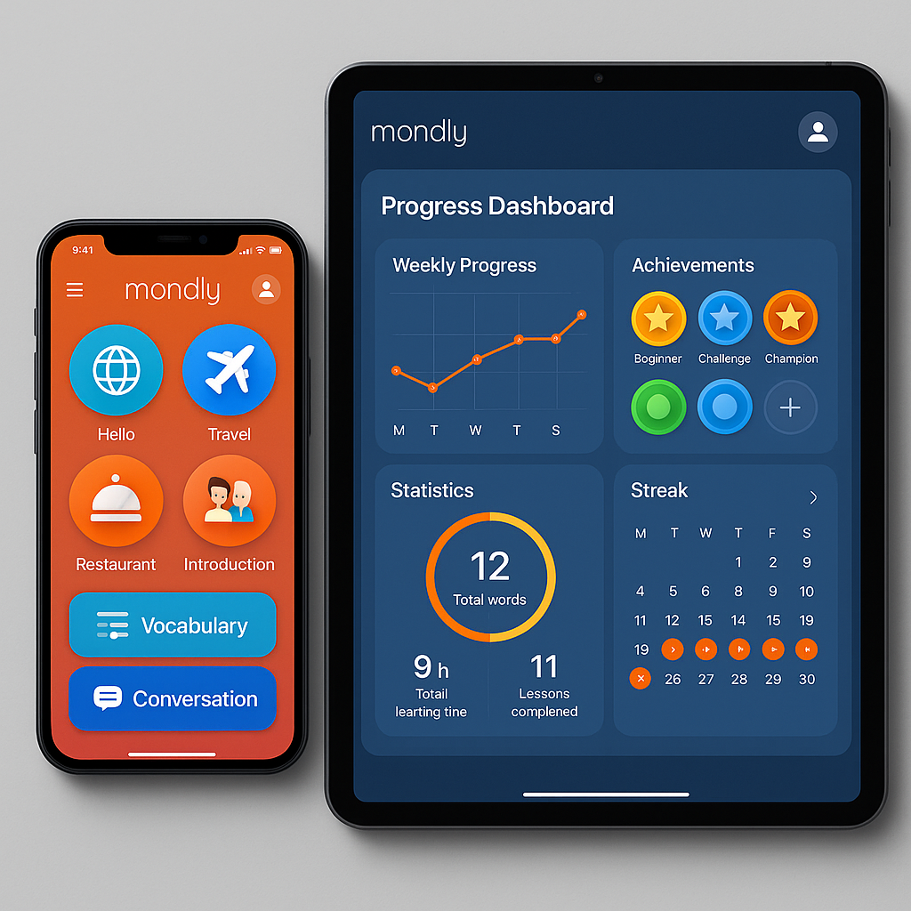 Mondly language learning app interface showcasing its features and user experience