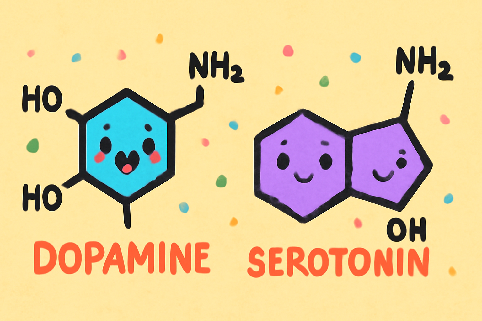 Cartoon dopamine and serotonin molecules with happy faces
