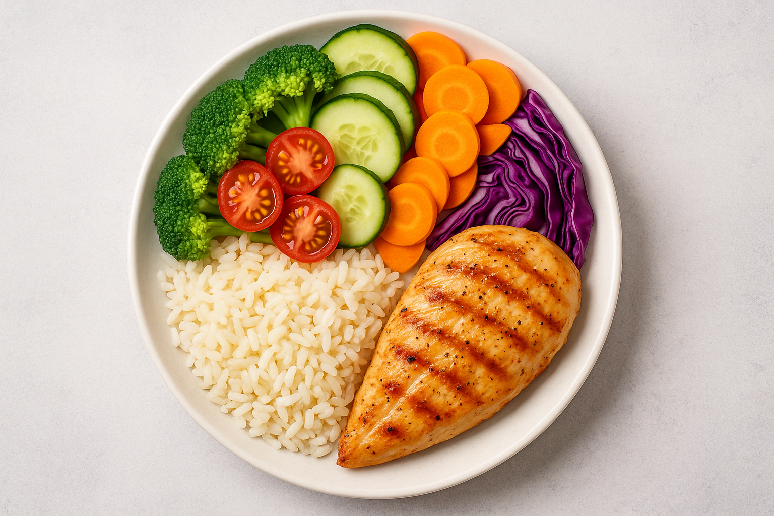 Pół na pół: kolorowy talerz z warzywami, białkiem i węglowodanami