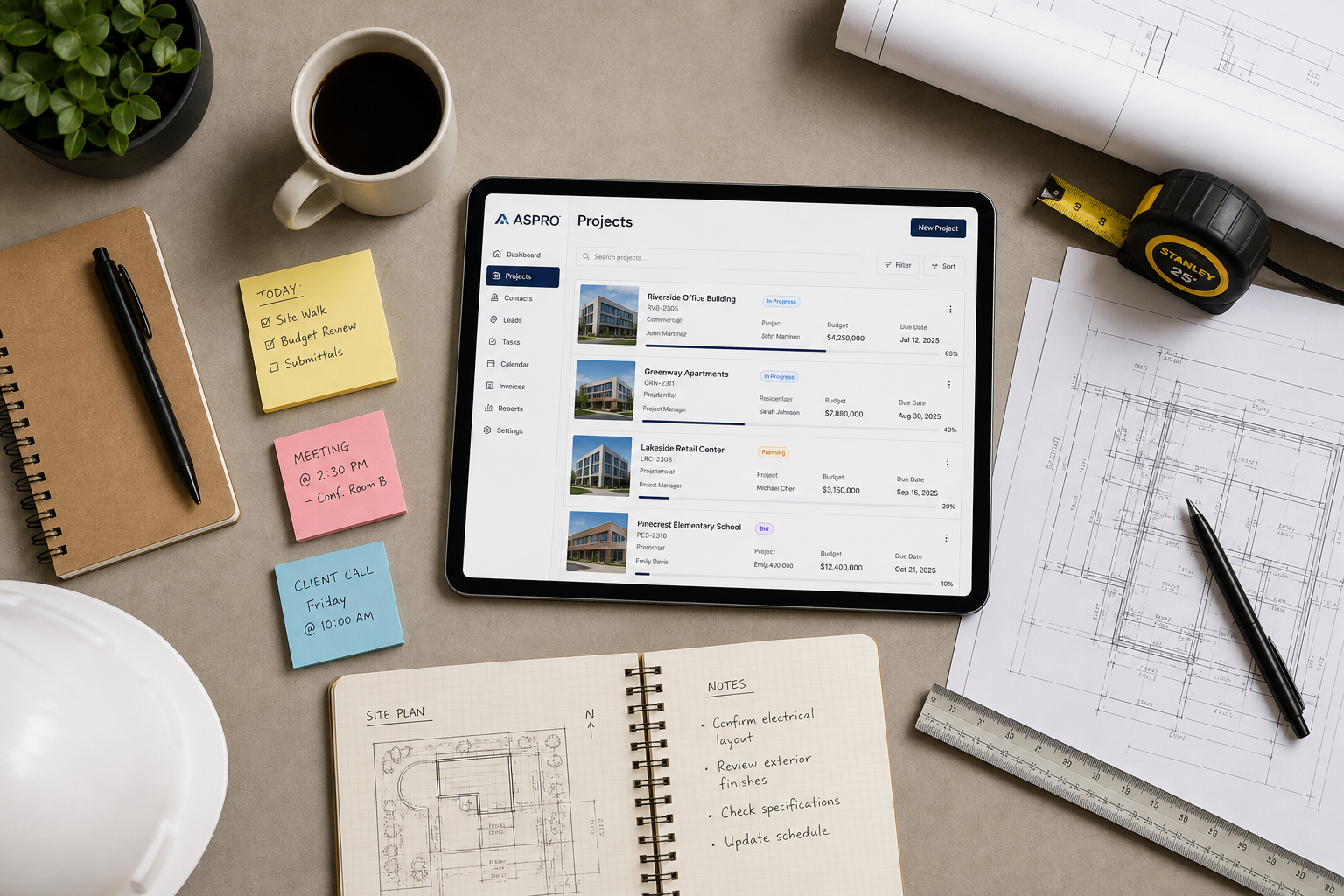 Рабочее место менеджера проекта: планшет с CRM, чертежи и рабочие материалы